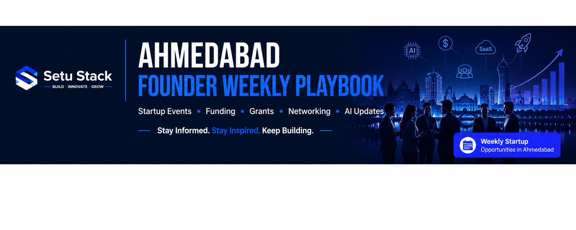 Ahmedabad Founder Weekly Playbook: Find startup events, funding opportunities, incubators, AI workshops, founder meetups, and networking opportunities in Ahmedabad.